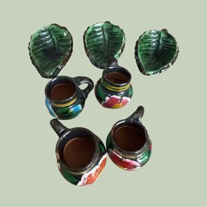 Vintage Mexican Mini Pottery Tea Set 9pc Hand Painted Leaf Tray Folk Art